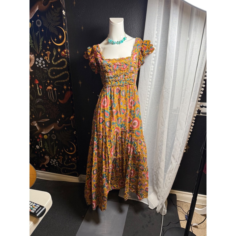 Mustard Yellow Paisley Floral Tiered Maxi Dress Boho Cutout Back Ruffle M